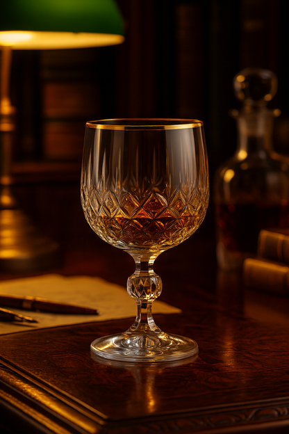 Thalora Cordial Goblet holding an amber drink on a library desk beneath a green lamp.