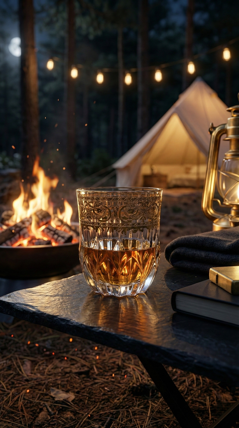 Majora Tumbler holding an amber drink beside a campfire and tent at night.