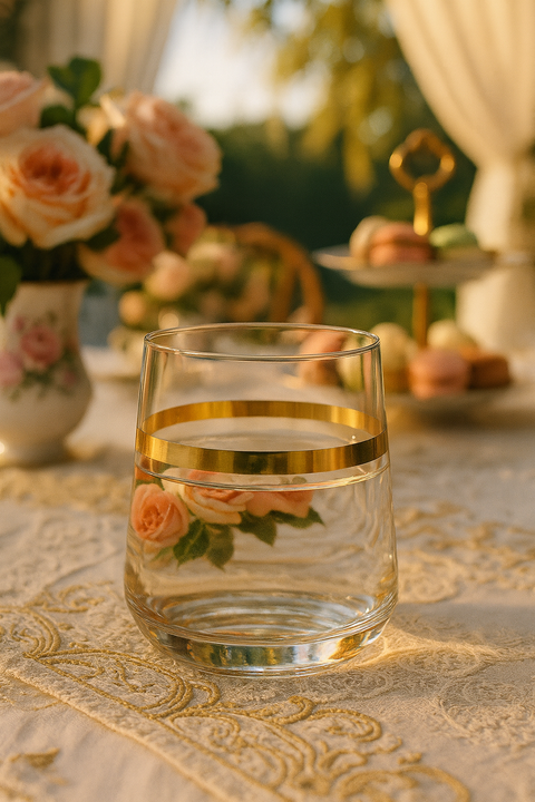 Corda Gold Tumbler with a clear drink on a lace table beside roses and a tiered stand.