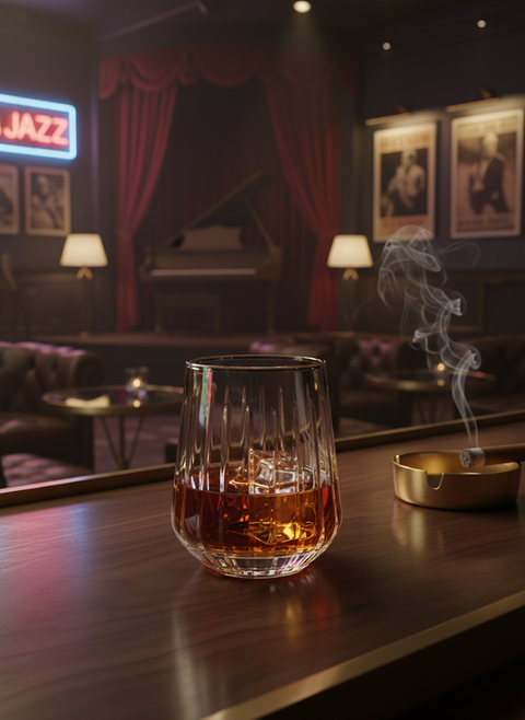 Altisse Tumbler holding an amber drink on a table in a dim jazz lounge.