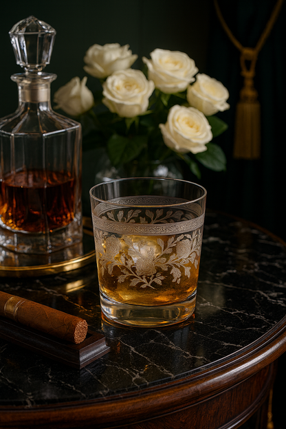 Filigrae Tumbler with an amber pour beside a matching decanter and white roses