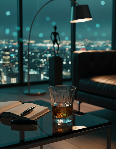 Altiera Tumbler with amber liquid on a glass table in a modern night interior