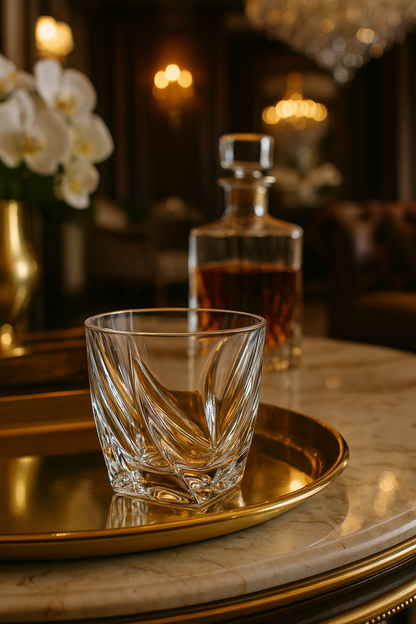 Calyx Tumbler on a round gold tray beside a decanter in a chandelier-lit salon.