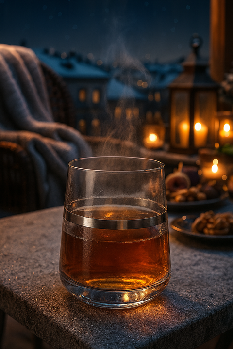 Corda Plat Tumbler holding an amber drink on a stone table beside a lantern-lit sofa.