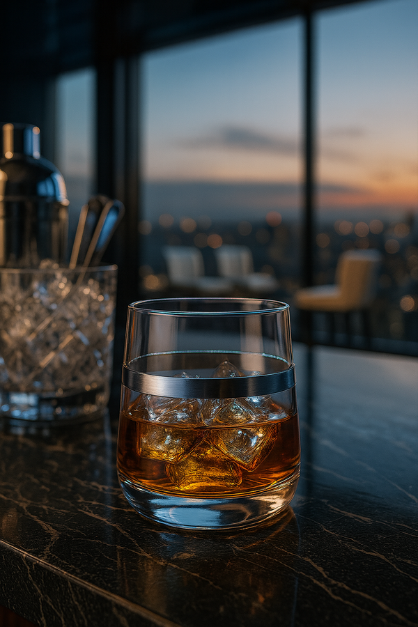 Corda Plat Tumbler with an amber drink and ice on a black marble counter at dusk.