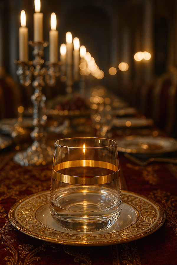 Corda Gold Tumbler centered on a candlelit banquet place setting.