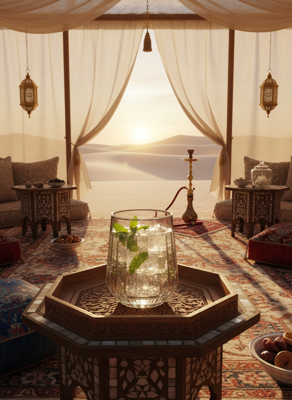 Altisse Tumbler with a lime-garnished clear drink in a sunset tented lounge.