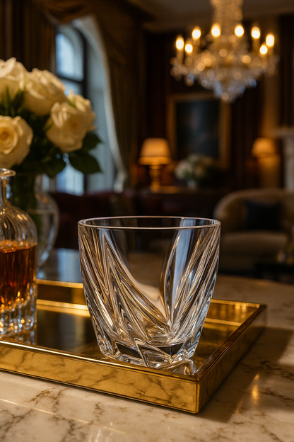 Calyx Tumbler on a rectangular mirrored tray with flowers and a decanter.
