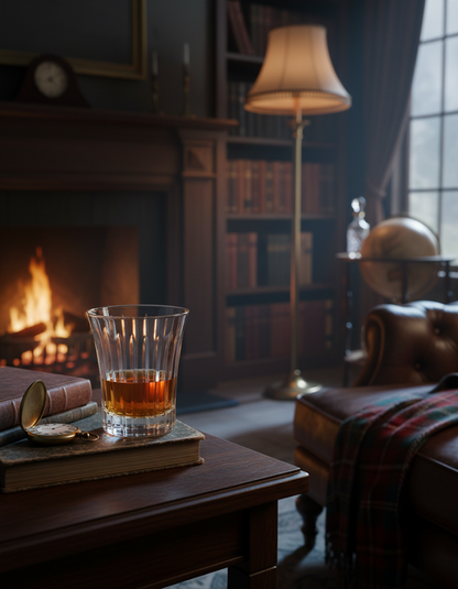 Altiera Tumbler with amber liquid beside a fireplace in a wood-panelled library