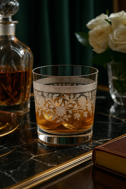 Filigrae Tumbler with an amber pour on a dark table beside a book and decanter