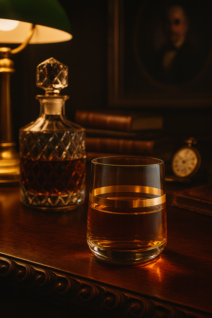 Corda Gold Tumbler holding an amber drink beside a faceted decanter and books in a library.