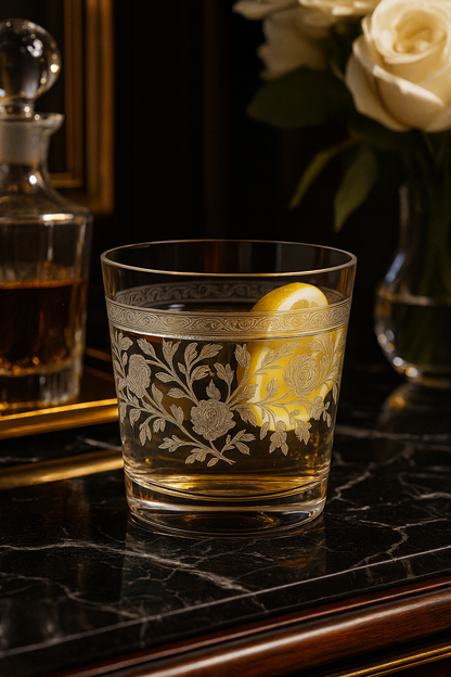 Filigrae Tumbler with an amber pour and citrus peel beside books and a decanter
