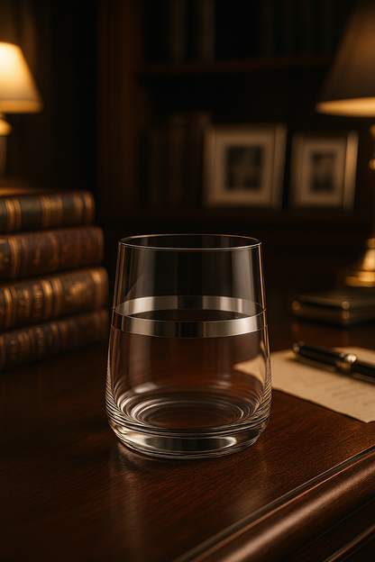 Corda Plat Tumbler standing empty on a wood writing desk beside stacked books.