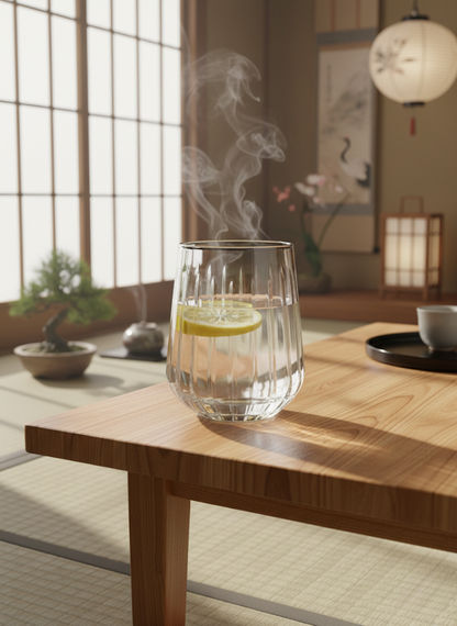 Altisse Tumbler with a clear drink and lemon on a pale wood table in a bright interior.