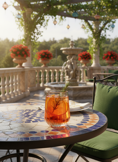 Altisse Tumbler with an iced amber drink on a tiled garden terrace with red flowers.