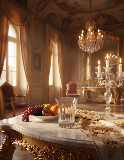 Altiera Tumbler on a marble table with fruit and crystal candelabra