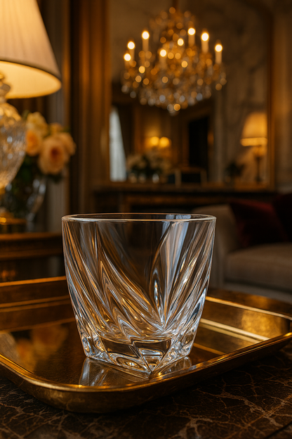 Calyx Tumbler on a rectangular gold tray on a black marble table beneath a chandelier.