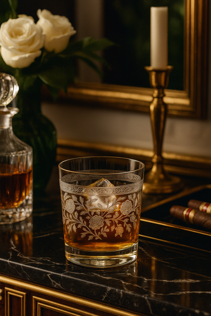 Filigrae Tumbler with an amber pour on black marble beside roses, a candle and books