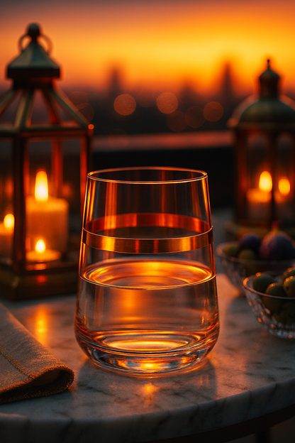 Corda Gold Tumbler with an amber drink on a sunset terrace between glowing lanterns.