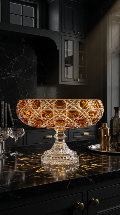Verdura Sunlit Amber pedestal bowl on a black marble counter in a dark kitchen