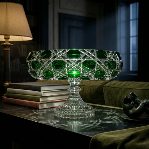 Sylvan Emerald Verdura Pedestal Bowl on a green marble table beside books in a dim blue room.