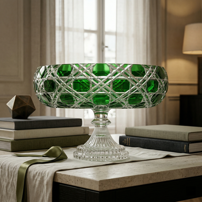 Sylvan Emerald Verdura Pedestal Bowl on a pale console with stacked books in a bright sitting room.