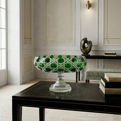 Sylvan Emerald Verdura Pedestal Bowl on a black console in a minimalist cream room.