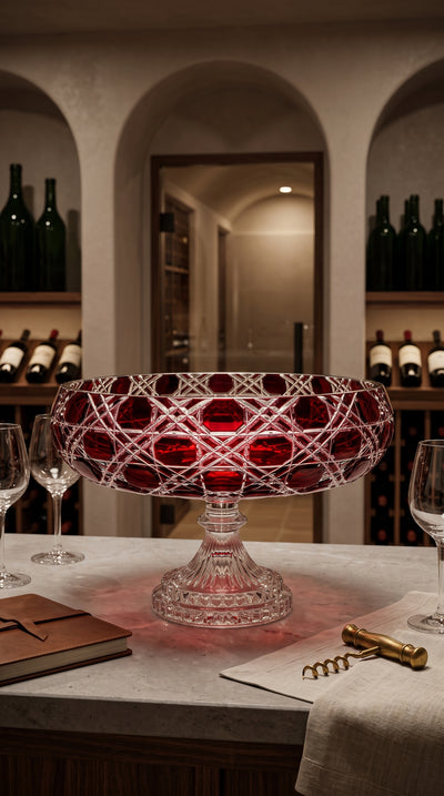Crimson Red Verdura pedestal bowl on a dining table before a wine alcove