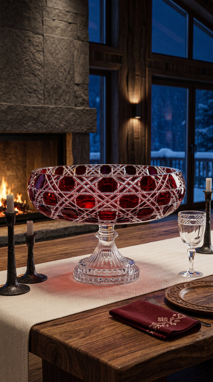 Crimson Red Verdura pedestal bowl beside a stone fireplace on a wood table