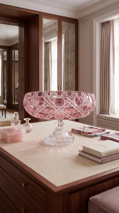 Orchid Rosé Verdura Pedestal Bowl on a blush console beside stacked books in a sunlit room.
