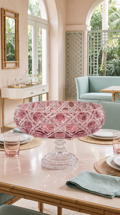 Orchid Rosé Verdura Pedestal Bowl centered on a pale breakfast table in a bright garden room.