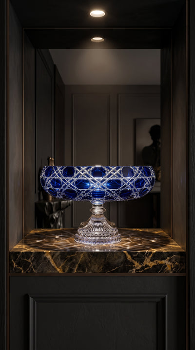 Midnight Sapphire Verdura pedestal bowl on a black marble console
