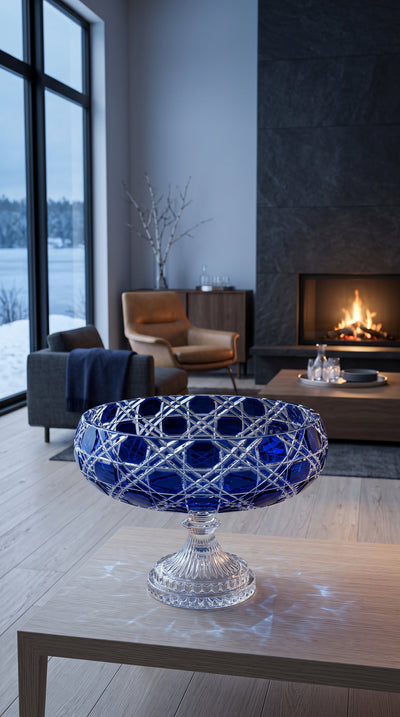 Midnight Sapphire Verdura pedestal bowl on a wood table in a modern living room