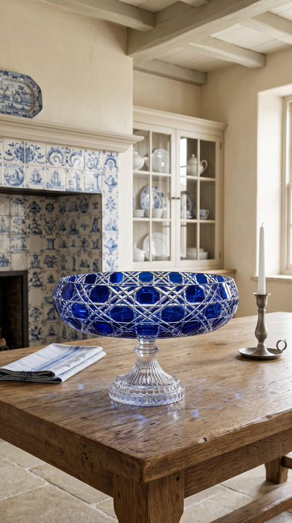 Midnight Sapphire Verdura pedestal bowl on a rustic table in a bright tiled room