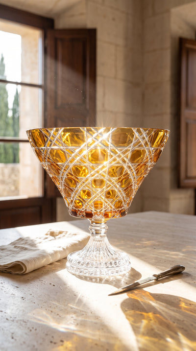 Sunlit Amber Verdura trumpet bowl glowing on a sunlit dining table
