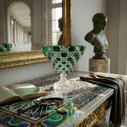 Sylvan Emerald Verdura trumpet bowl on a painted console beside a bust