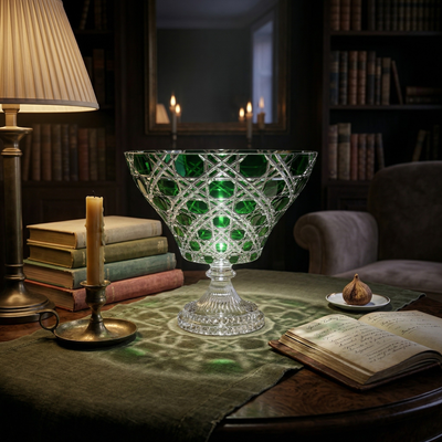 Sylvan Emerald Verdura trumpet bowl on a library desk with stacked books