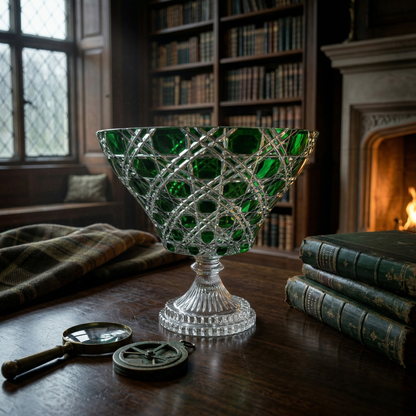 Sylvan Emerald Verdura trumpet bowl beside a fireplace on a library table