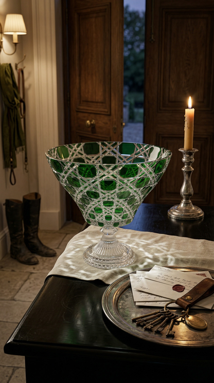 Sylvan Emerald Verdura trumpet bowl on a writing desk with candle and papers