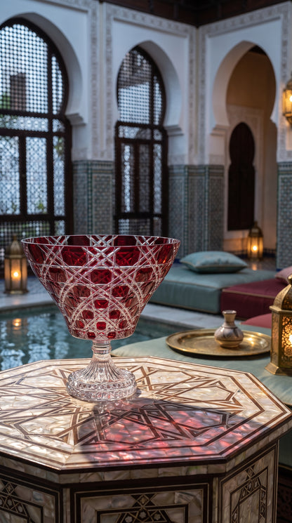 Crimson Red Verdura Trumpet Bowl on a patterned table in an arched lounge with lanterns.