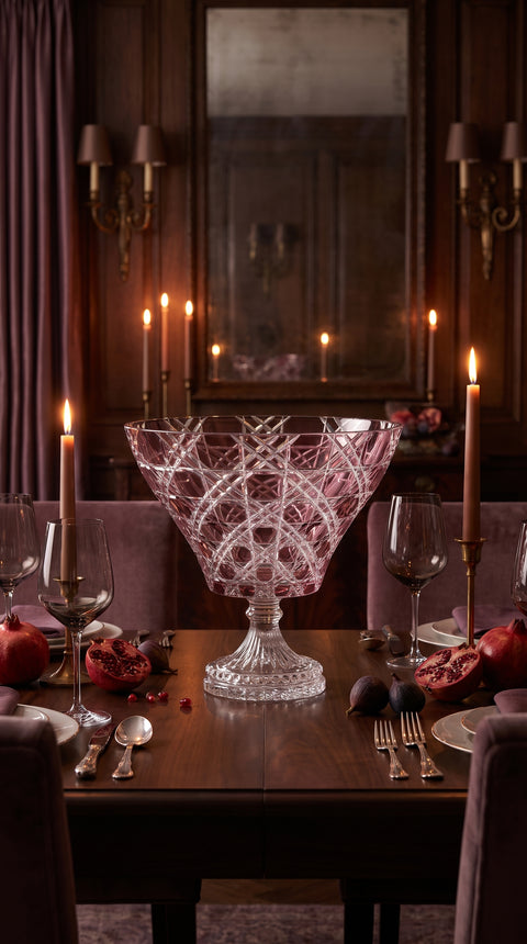 Orchid Rosé Verdura Trumpet Bowl on a dark candlelit dining table set with fruit and glassware.