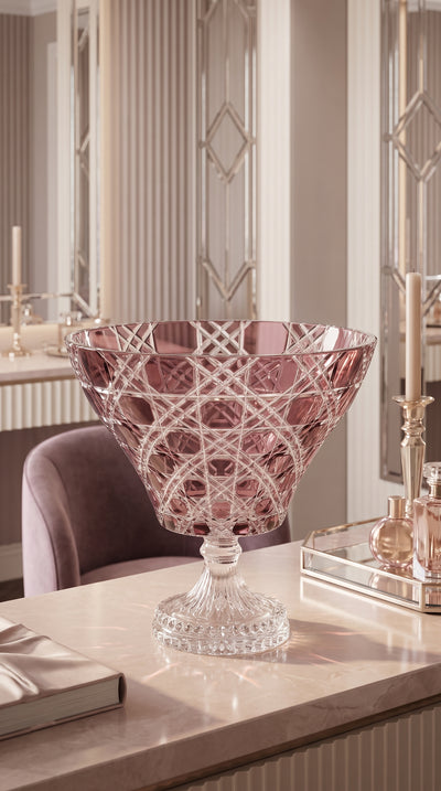 Orchid Rosé Verdura Trumpet Bowl on a pale console in a blush paneled room.
