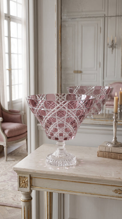 Orchid Rosé Verdura Trumpet Bowl on a white console in a bright paneled sitting room.