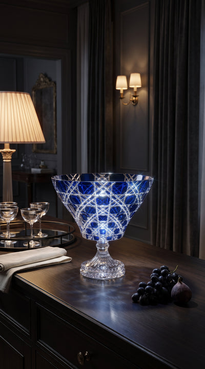 Verdura Midnight Sapphire trumpet bowl on a dark dining table beside grapes and a lamp