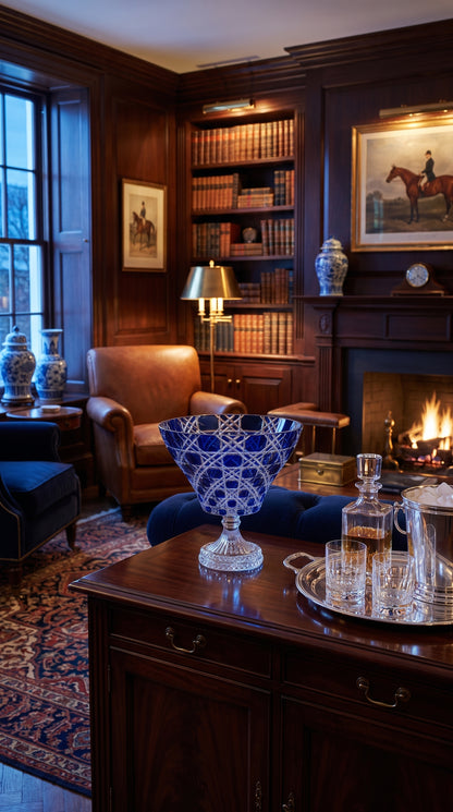 Verdura Midnight Sapphire trumpet bowl on a library table before a lit fireplace