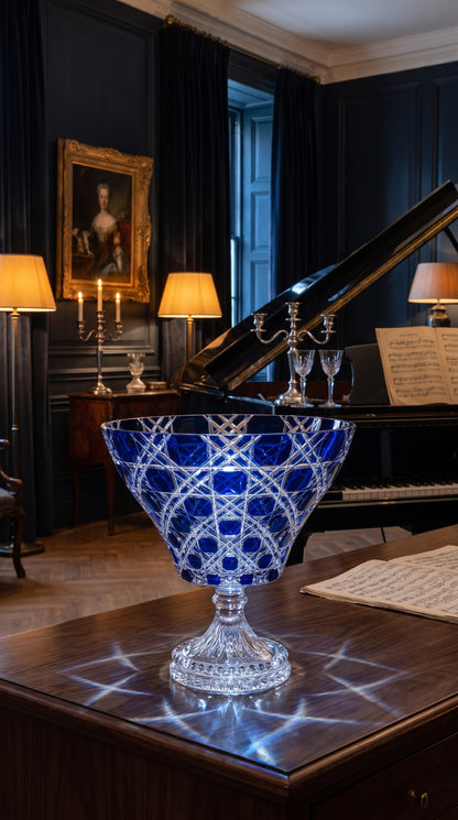 Verdura Midnight Sapphire trumpet bowl displayed on a piano in a dark music room