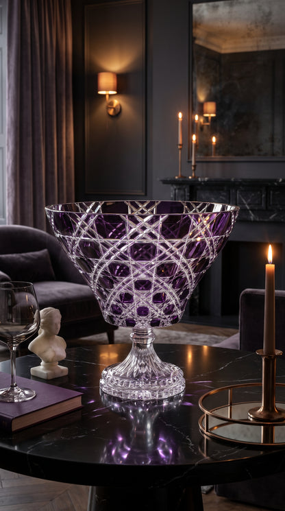 Verdura Regal Violet trumpet bowl on a reflective coffee table in a dark sitting room