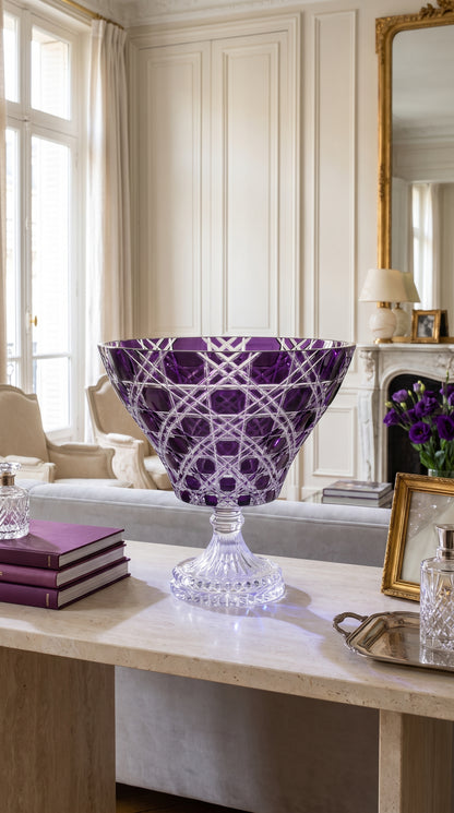 Verdura Regal Violet trumpet bowl on a bright console with books and a framed photograph