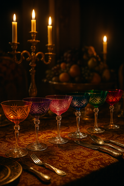 Veyra six-color coupe glass set arranged on a candlelit banquet table with fruit