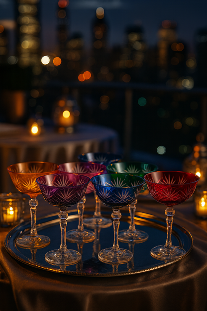 Veyra six-color coupe glass set displayed on a round tray against a city skyline at night